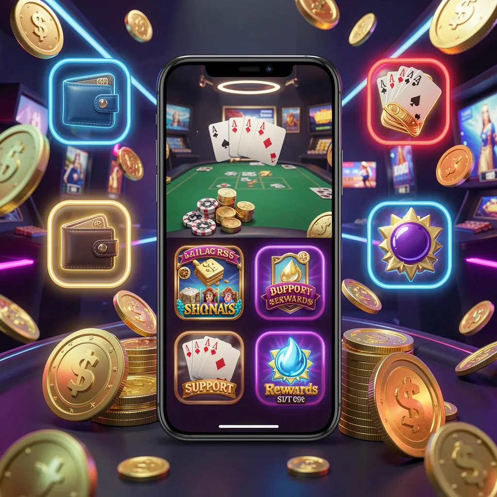 7KBTD online casino app features displayed on a smartphone surrounded by icons for wallet, games, support, and rewards with golden coins and neon lights in a luxury 3D render