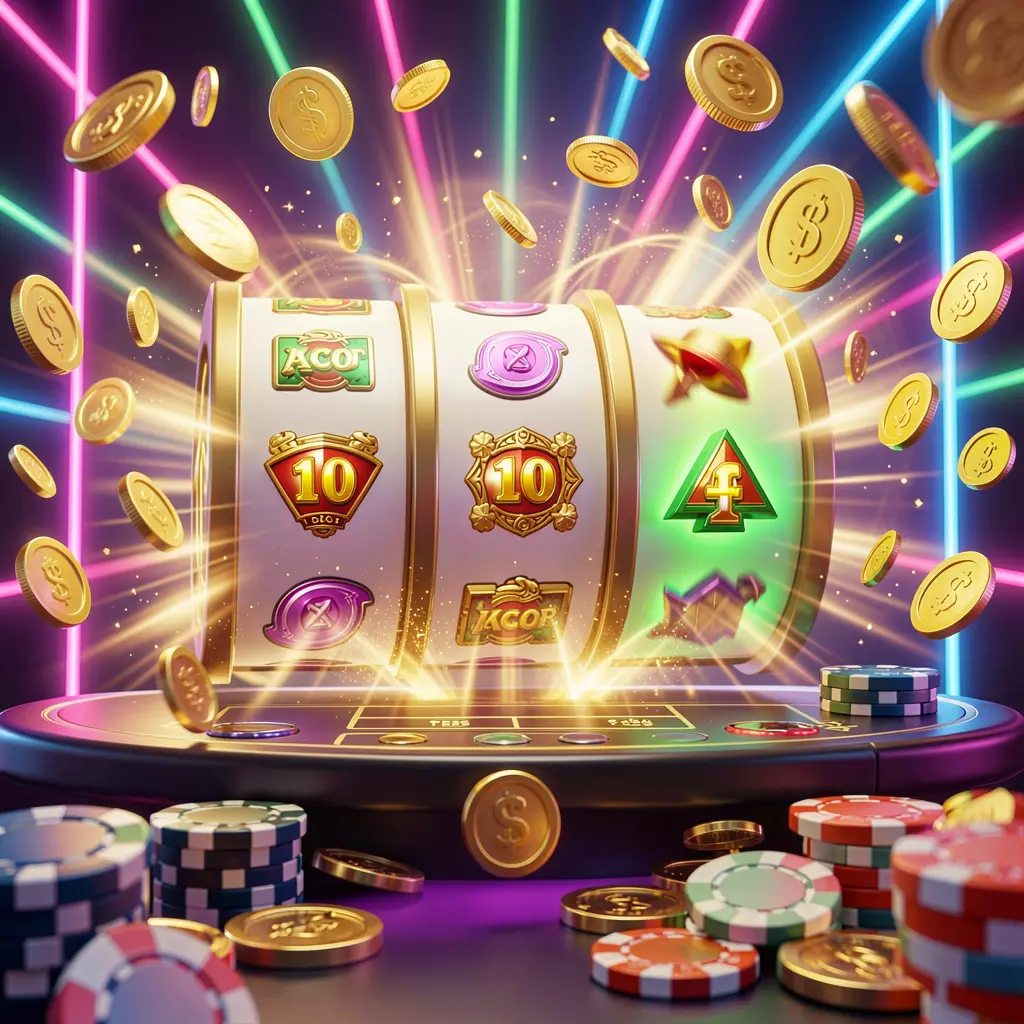 7KBTD online casino free spins bonus concept featuring colorful slot machine reels spinning with golden light effects, flying coins, jackpot symbols, and casino chips on a vibrant neon background in a high quality 3D render