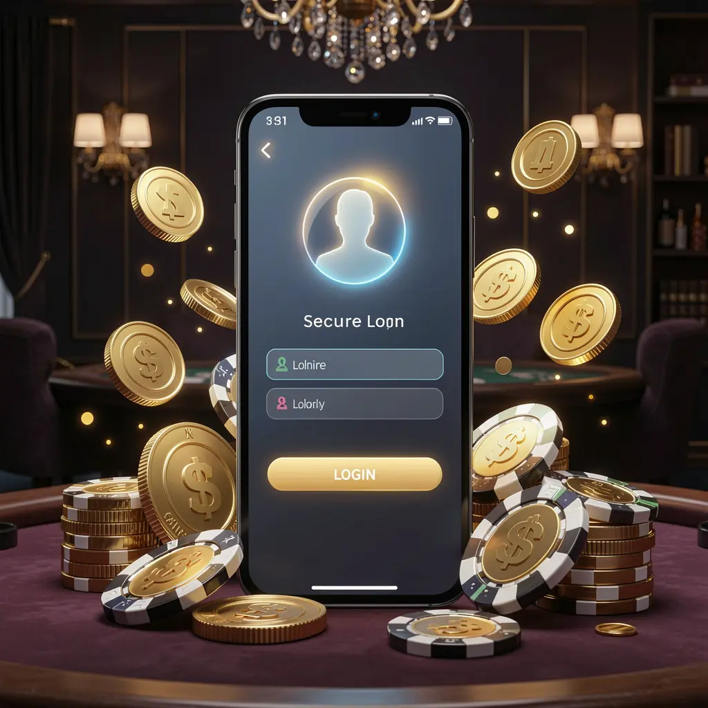 7KBTD online casino login page hero banner featuring a modern smartphone displaying a secure login screen with a glowing user profile icon, surrounded by golden coins and poker chips against a dark luxury background