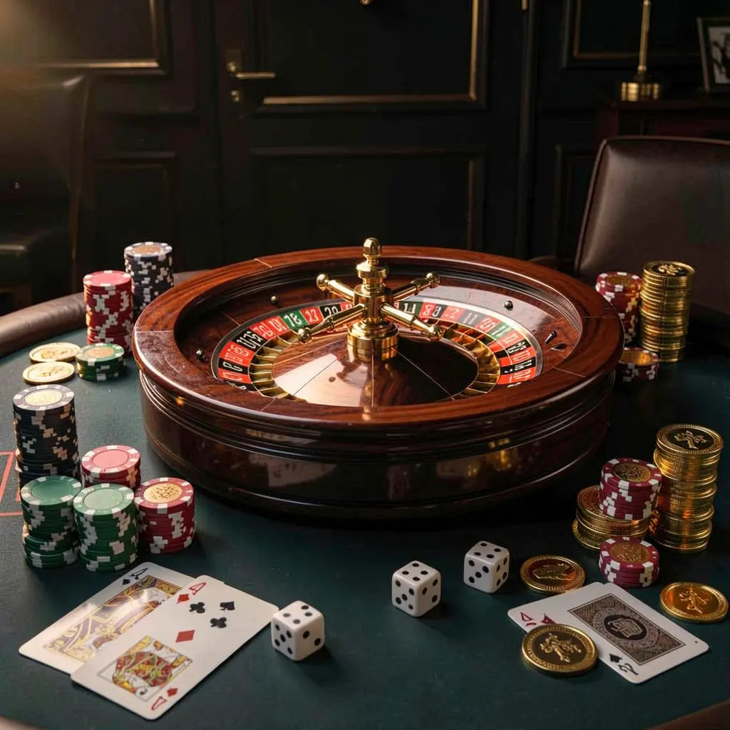 Premium casino homepage scene featuring a spinning roulette wheel on a glossy table surrounded by poker chips, dice, cards, and golden coins with elegant dark background and cinematic lighting, showcasing 7KBTD's responsible gaming environment